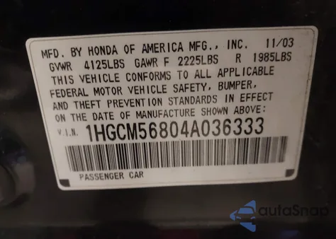 2004 Honda Accord 2.4 Ex z USA, uszkodzony, nr VIN 1HGCM56804A036333